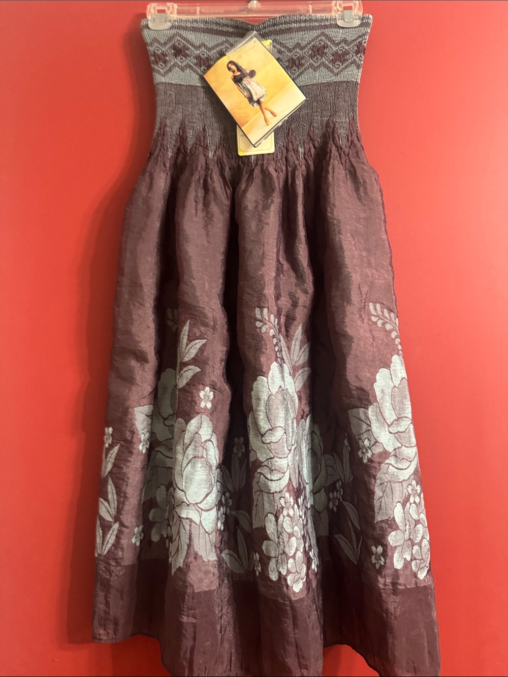 Girls Strapless Floral Maxi Dress in Plum with Cream Embroidery